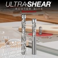 Ultra-Shear Solid Carbide Spiral Compression Flush Trim Bits in 1-1/2" and 2" Cut Lengths.