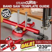 SteadyCurve Band Saw Template Guide mounted on band saw with finished contoured projects in background.