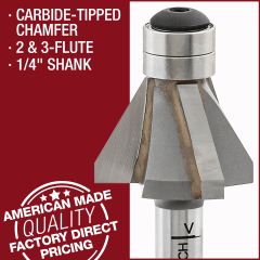 Carbide Tipped Double Bearing Chamfer Bit, 2-Flute, 1/4" Shank
