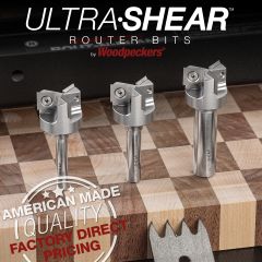 1" 3-Flute Carbide Insert Spoilboard Bits displayed on end grain cutting board of maple and walnut.
