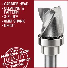 Carbide Head, Clearing & Pattern Router Bits, 3-Flute, 8mm Shank