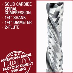 1/4" Diameter Solid Carbide Compression Router Bits, 2+2 Flute, 1/4" Shank