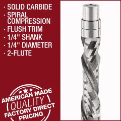 1/4" Diameter Solid Carbide Flush Trim Compression Router Bits, 2+2 Flute, 1/4" Shank