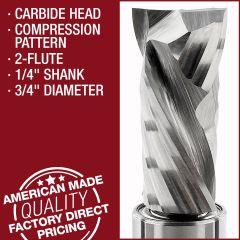 Carbide Head 2-Flute Compression Pattern and Mortising Bit 1/4" Shank