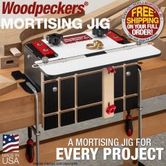 Woodpeckers Mortising Jig clamped to a workbench with various mortise and loose tenon stock on the workbench.