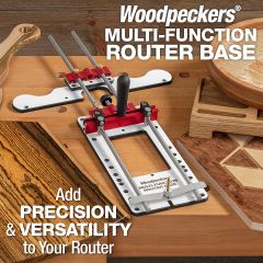 The Multi-Function Router Base sitting on a workbench with various completed projects made using the tool.