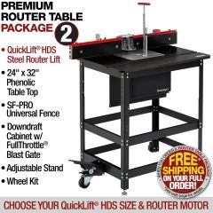 Premium Router Table Package 2 - Includes SF-PRO Universal Fence, 24x32 Phenolic Table, Quicklift 420 HDS Router Lift (fits 4.2" diameter router), Downdraft Cabinet, Adjustable Steel Stand, Wheel Kit and SpinRite 3.25 hp - 4.2" Diameter Router Motor with