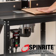 SpinRite Router Motor with Remote Control shown with included collets and wrenches. Inset of router installed in table.