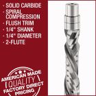 1/4" Diameter Solid Carbide Flush Trim Compression Router Bits, 2+2 Flute, 1/4" Shank