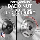SawStop standard arbor washer and nut beside Dado Nut. Standard nut barely engages shaft. Dado Nut fully engages shaft.